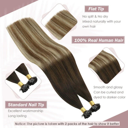 Flat Tip Human Hair Extensions from Trendha in a range of lengths and colors, providing volume, length, and vibrant styling options.