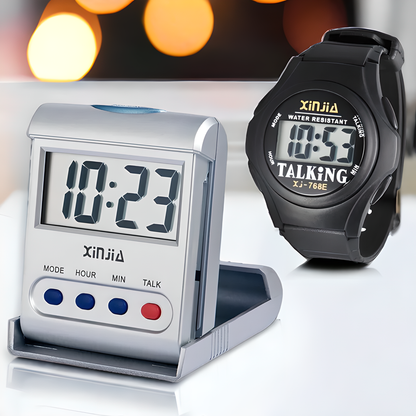 Talking Digital Alarm Clock and Wristwatch Set with voice-enabled time-telling, backlit display, and waterproof design for inclusive timekeeping