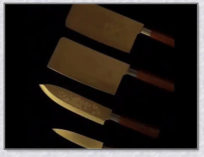 Titangold Designer Titanium Kitchen Knife Set with premium stainless steel blades and innovative titanium coating for enhanced corrosion resistance and durability.