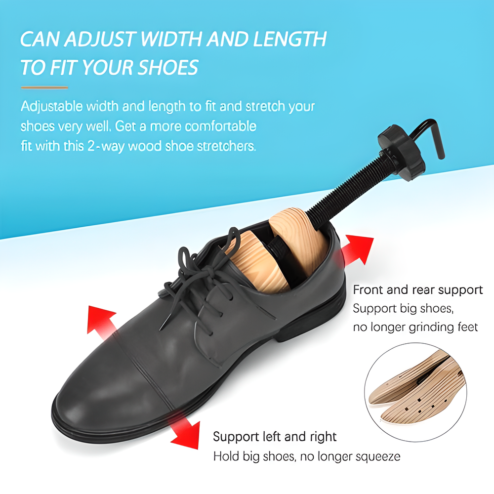 Adjustable wooden shoe stretcher expanding a pair of shoes, made with high-quality New Zealand timber