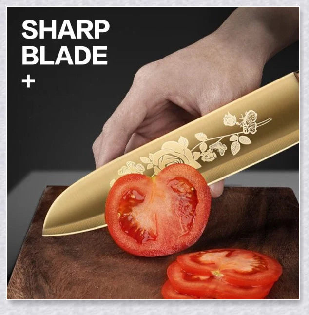 Titangold Designer Titanium Kitchen Knife Set with premium stainless steel blades and innovative titanium coating for enhanced corrosion resistance and durability.