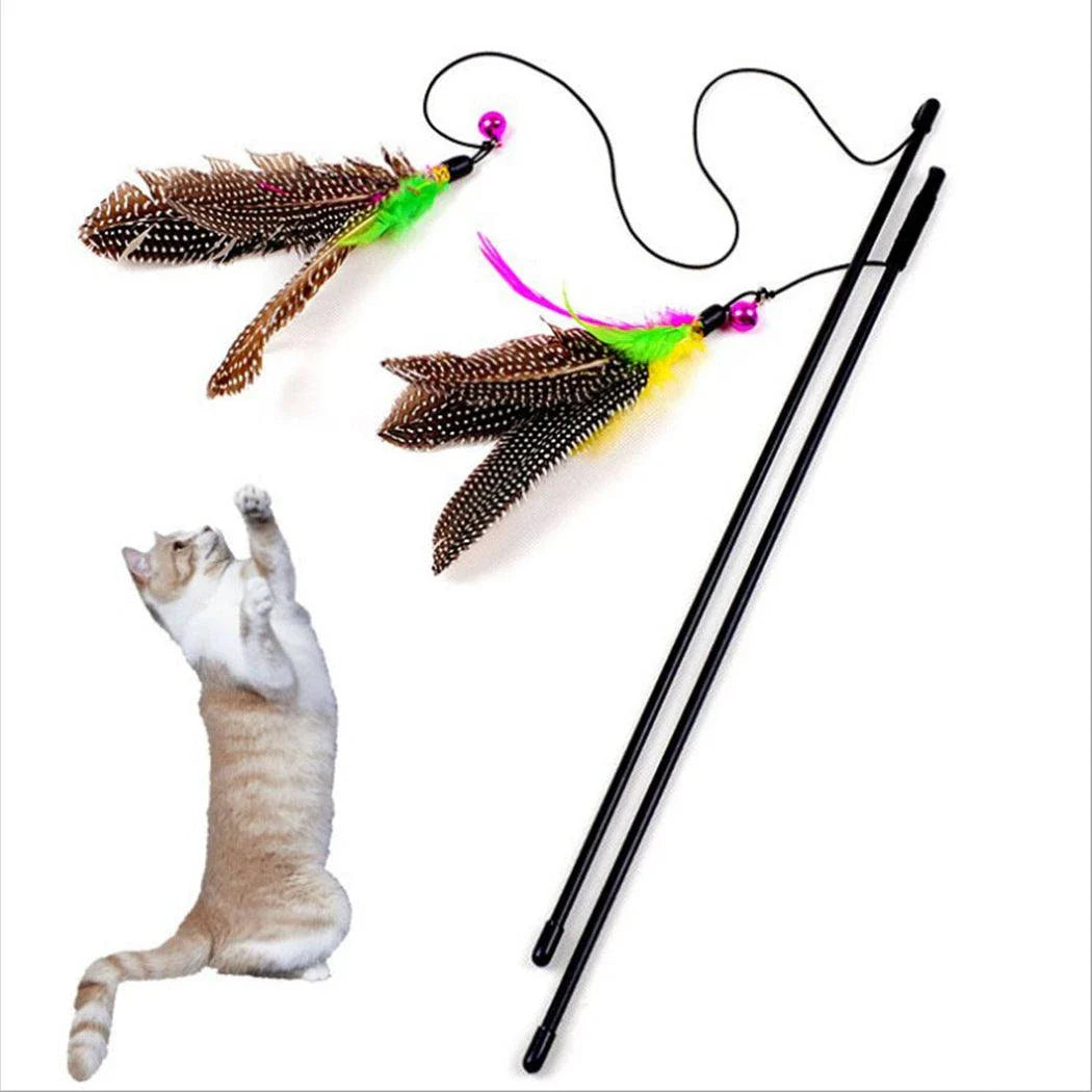 The Interactive Cat Toy Feather with a green feather and sturdy plastic ball, designed to engage cats in energetic play and satisfy their natural hunting behaviours.