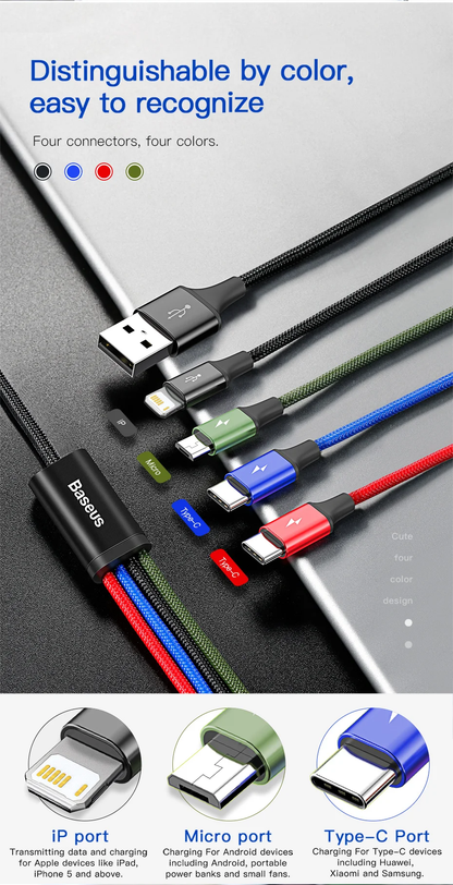 Baseus 4-in-1 Charging Cable with colour-coded connectors for iPhone, Type-C, and Micro USB devices