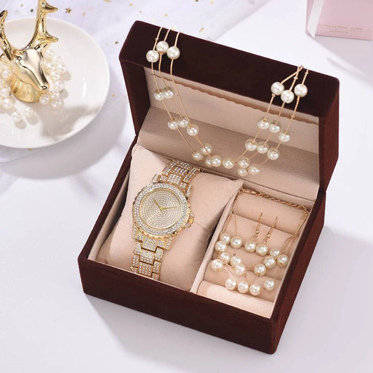 Trendha Fashion Accessory Set with Diamond Watch, Pearl Bracelet, Earrings, and Necklace