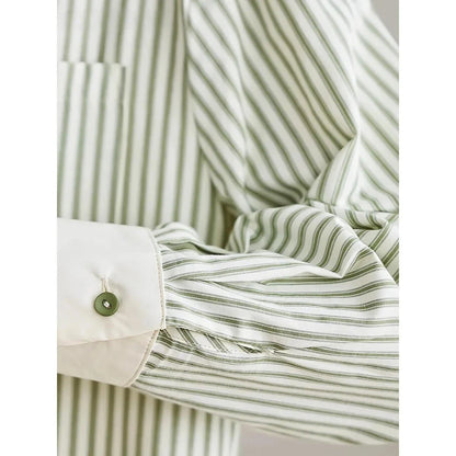 Stylish green striped chiffon blouse for women, featuring a classic striped pattern, turn-down collar, and flowing, comfortable fit.