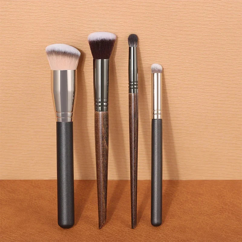 4-in-1 Professional Makeup Brush Set with Synthetic Fibers and Wooden Handles