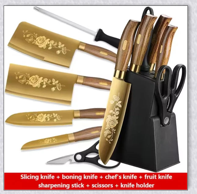 Titangold Designer Titanium Kitchen Knife Set with premium stainless steel blades and innovative titanium coating for enhanced corrosion resistance and durability.