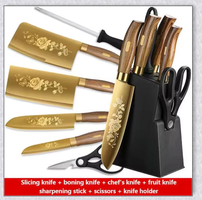 Titangold Designer Titanium Kitchen Knife Set with premium stainless steel blades and innovative titanium coating for enhanced corrosion resistance and durability.