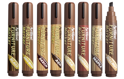 Artline Furniture Repair Markers in various wood finishes for repairing and restoring damaged wooden furniture and decor