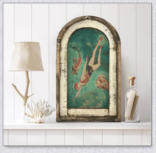 Charming swimming wall art featuring a serene coastal scene, perfect for adding a touch of Kiwi charm to your bathroom or living space