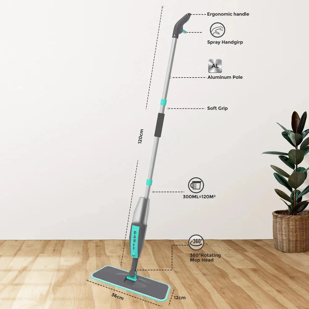 360-degree rotating microfiber floor mop with spray function, ideal for cleaning hardwood, tile, and other hard floor surfaces in Kiwi homes