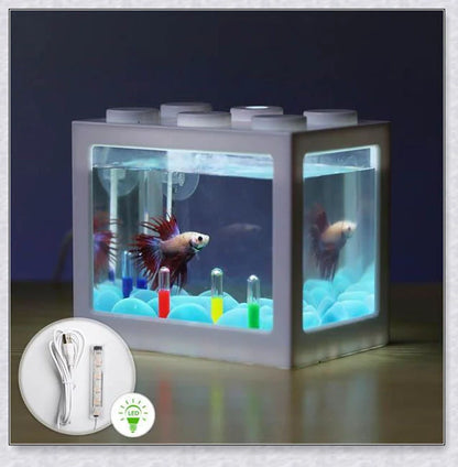 Stackable InspireHOME Mini Block Aquarium with LED lighting, showcasing various color options and configuration possibilities