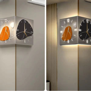 A double-sided corner wall clock made of premium acrylic with sleek aviation aluminum hands for a modern and elegant look