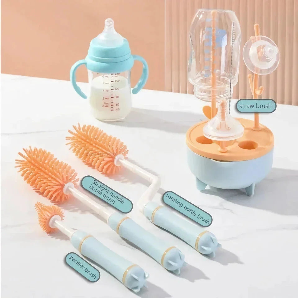 A 360-degree rotating silicone bottle brush with a long handle and a drying rack for cleaning and drying baby bottles and other feeding essentials.