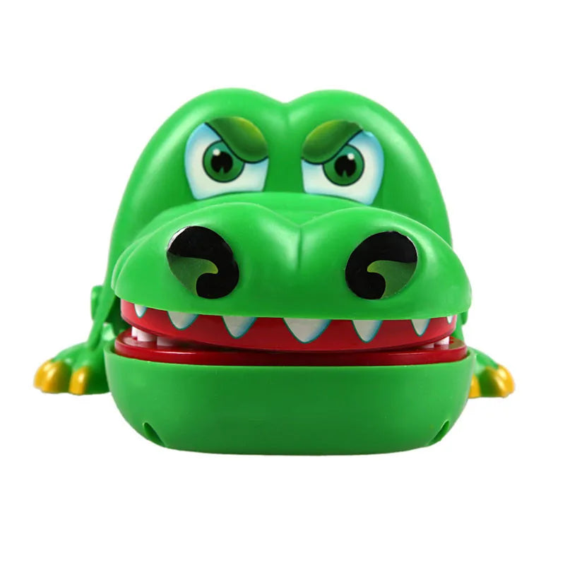 Vivid green crocodile with big eyes, wide open mouth, and sharp teeth - the Crocodile Dentist Game challenges players to carefully pull out the sore teeth using special tongs.