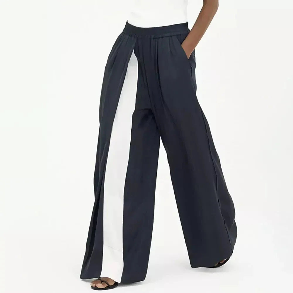 Stylish navy high-waist wide-leg pants with unique patchwork design for the fashion-forward Kiwi woman