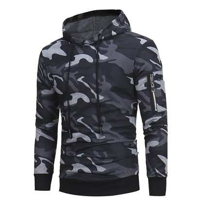 Delta 433 Tactical Camo Hoodie in green and gray colors, featuring a zipped side pocket, drawstring hood, and reinforced construction for durable Kiwi style and performance.