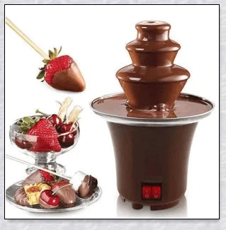 A 3-tier chocolate fondue fountain creating a mesmerizing chocolate waterfall, perfect for dipping a variety of sweet treats.