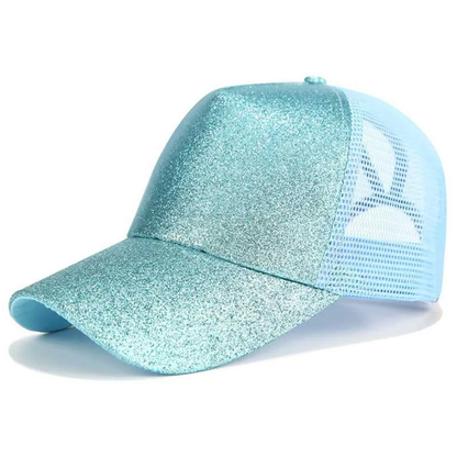 Women's mesh ponytail cap in various glitter and plain colours, featuring a sun visor and breathable design for comfort and style.