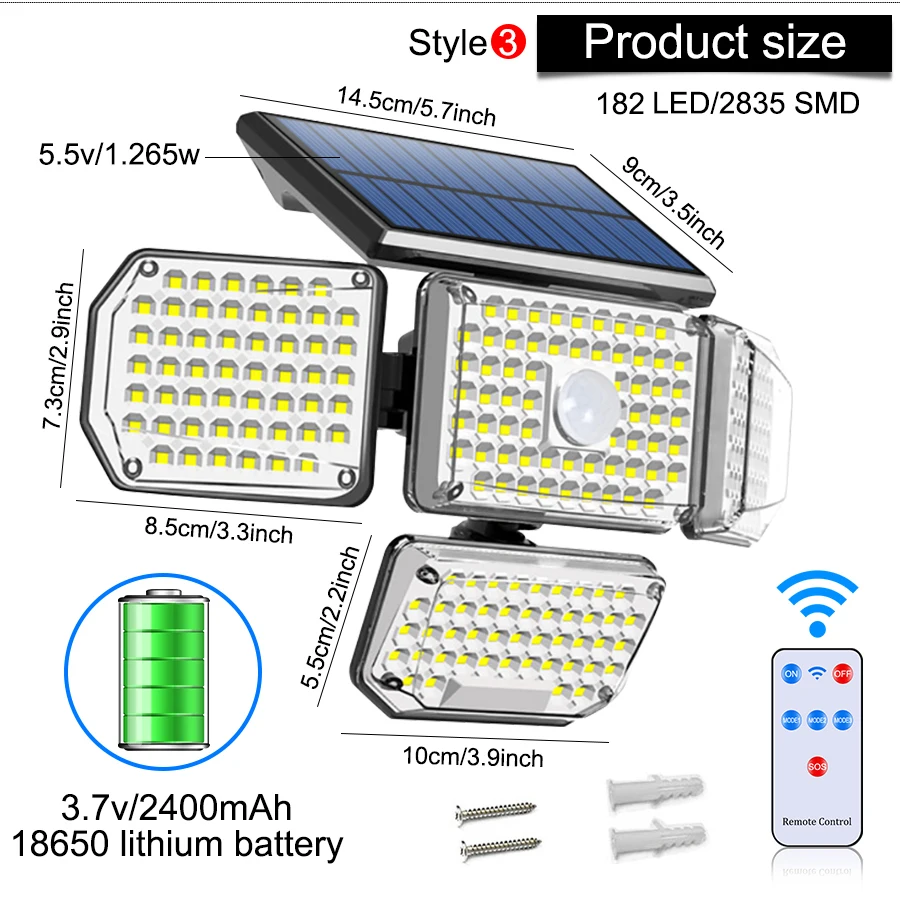 A super bright, adjustable solar-powered LED light with three rotatable heads for customizable outdoor lighting