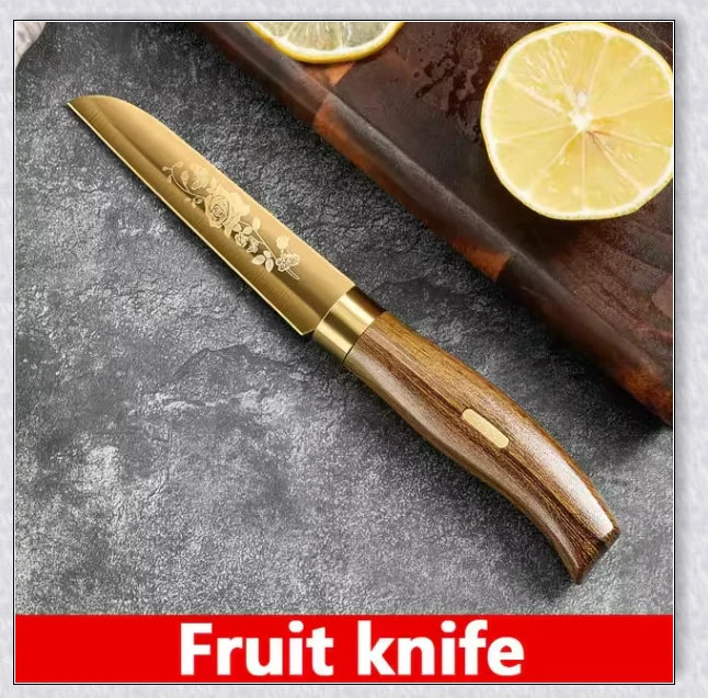 Titangold Designer Titanium Kitchen Knife Set with premium stainless steel blades and innovative titanium coating for enhanced corrosion resistance and durability.