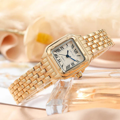 Elegant square women's watch with stainless steel case and bracelet, featuring a sleek and sophisticated design