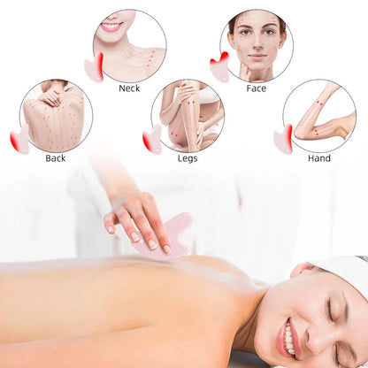 Ceramic Gua Sha Face Massager in various colors - Pink, Blue, and White - for skin rejuvenation and relaxation