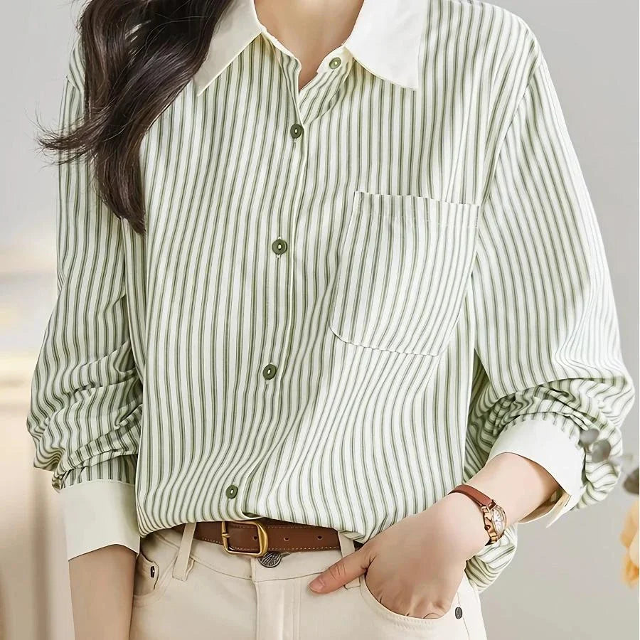 Stylish green striped chiffon blouse for women, featuring a classic striped pattern, turn-down collar, and flowing, comfortable fit.