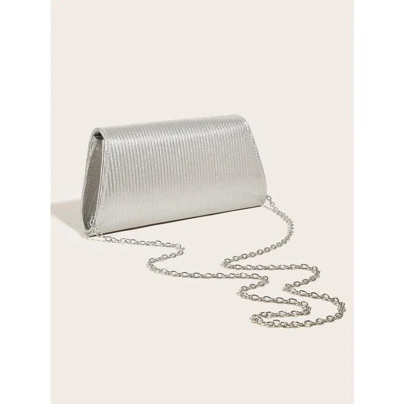 Elegant gold-colored striped PU leather clutch with detachable chain, perfect for Kiwi events and occasions