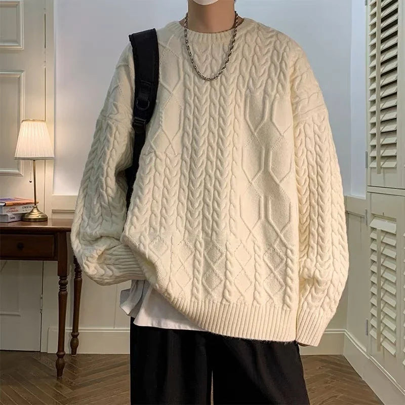 Men's Japanese-inspired cable-knit sweater in white, made from premium New Zealand cotton for warm and stylish winterwear.