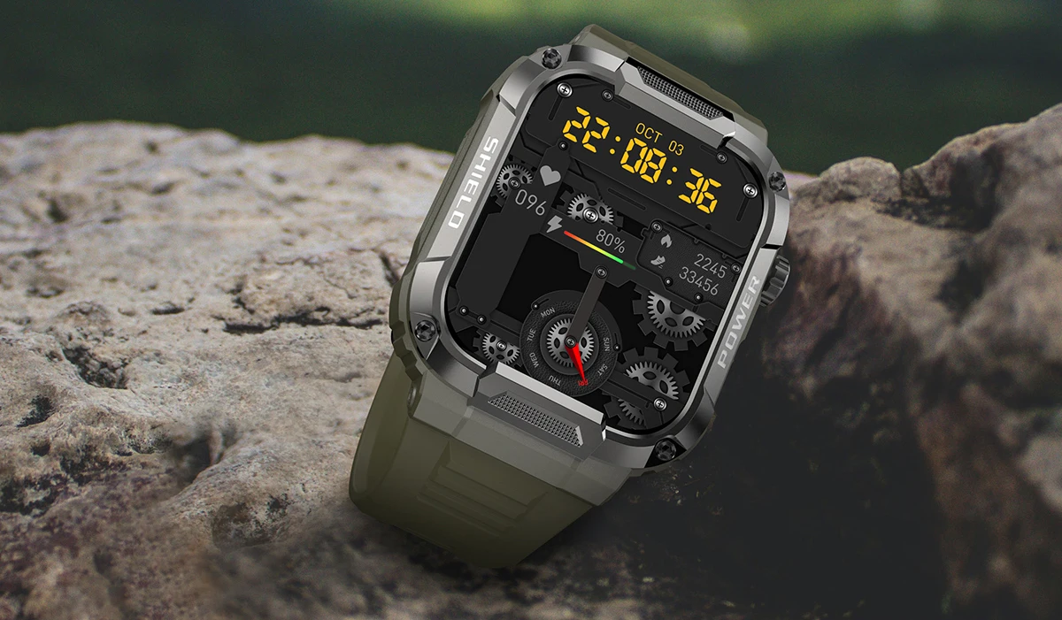 Rugged military-grade smartwatch with anti-smash and anti-fall design, real-time weather forecasts, and advanced health monitoring features