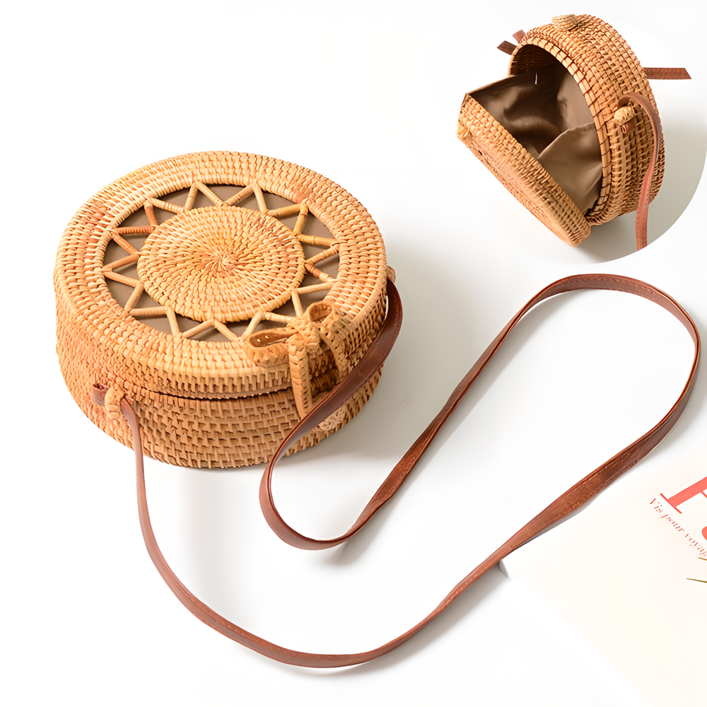 A collection of hand-woven tropical straw purses in various shapes, sizes, and designs, perfect for Kiwi summer style.