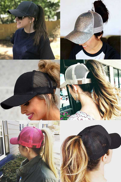 Women's mesh ponytail cap in various glitter and plain colours, featuring a sun visor and breathable design for comfort and style.