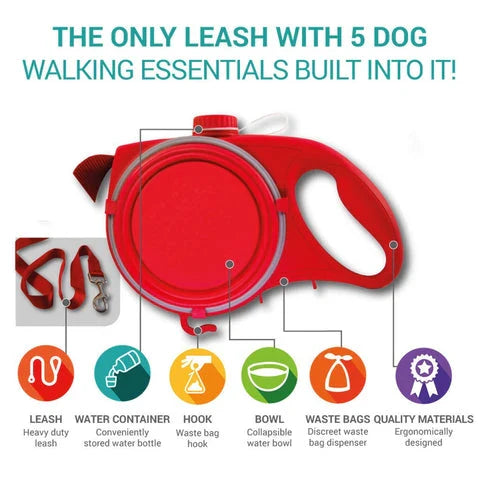 Durable multi-functional dog leash with built-in water bottle, collapsible bowl, waste bag dispenser, and hook for used bags