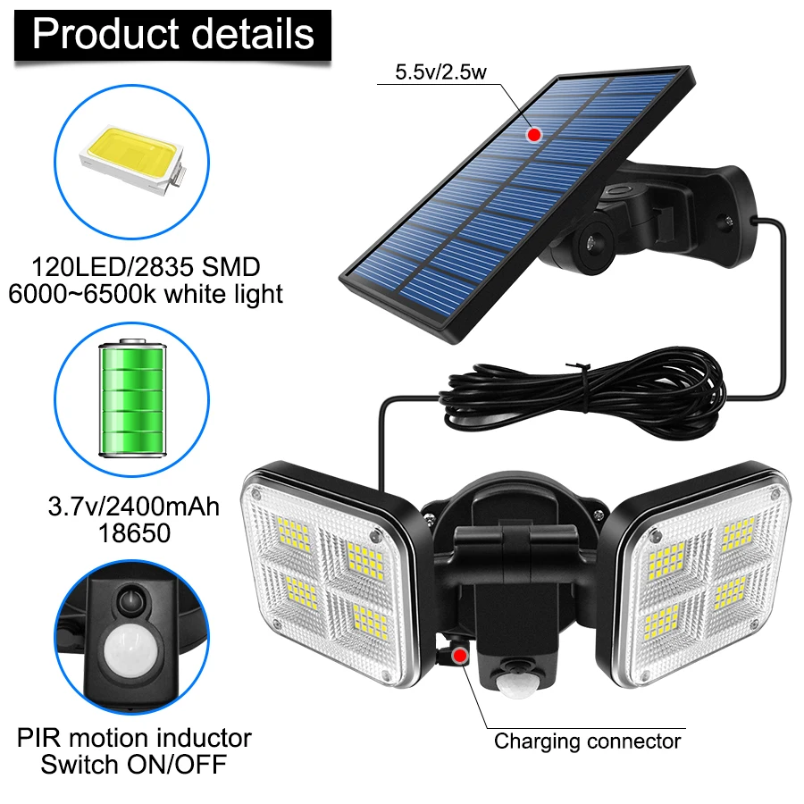 A super bright, adjustable solar-powered LED light with three rotatable heads for customizable outdoor lighting