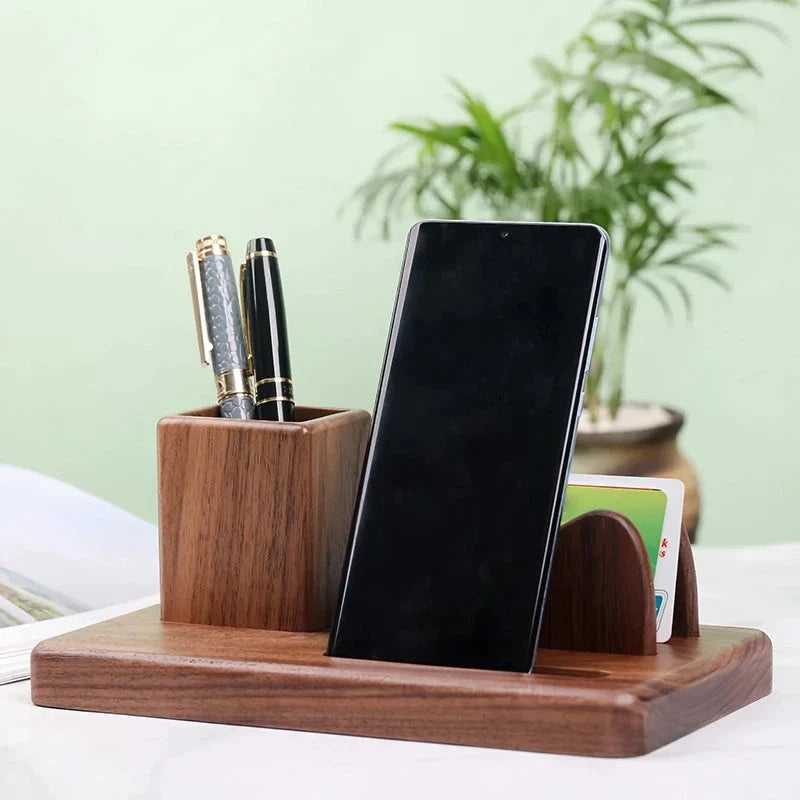 Elegant solid wood desk organizer with multiple compartments for pens, notes, and other office essentials