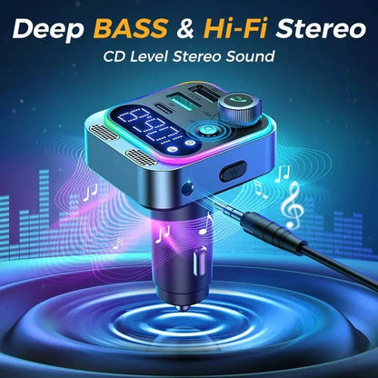 Bluetooth 5.3 FM Transmitter with Dual Mics, Booming Bass, and Fast Charging for Enhanced Driving Experience