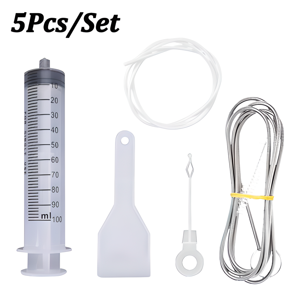 5-piece refrigerator drain hole cleaning kit with stainless steel brush, suction hose, and plastic scraper for thorough appliance maintenance