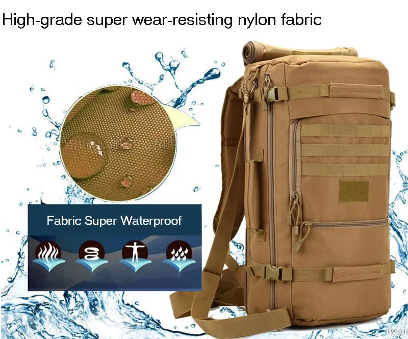 Tactical Waterproof Backpack in various Kiwi-inspired colours, featuring a durable 50L or 60L capacity for outdoor adventures.