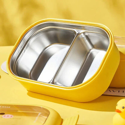 Stainless steel bento lunchbox with yellow lid and two compartments for healthy, leak-proof meals