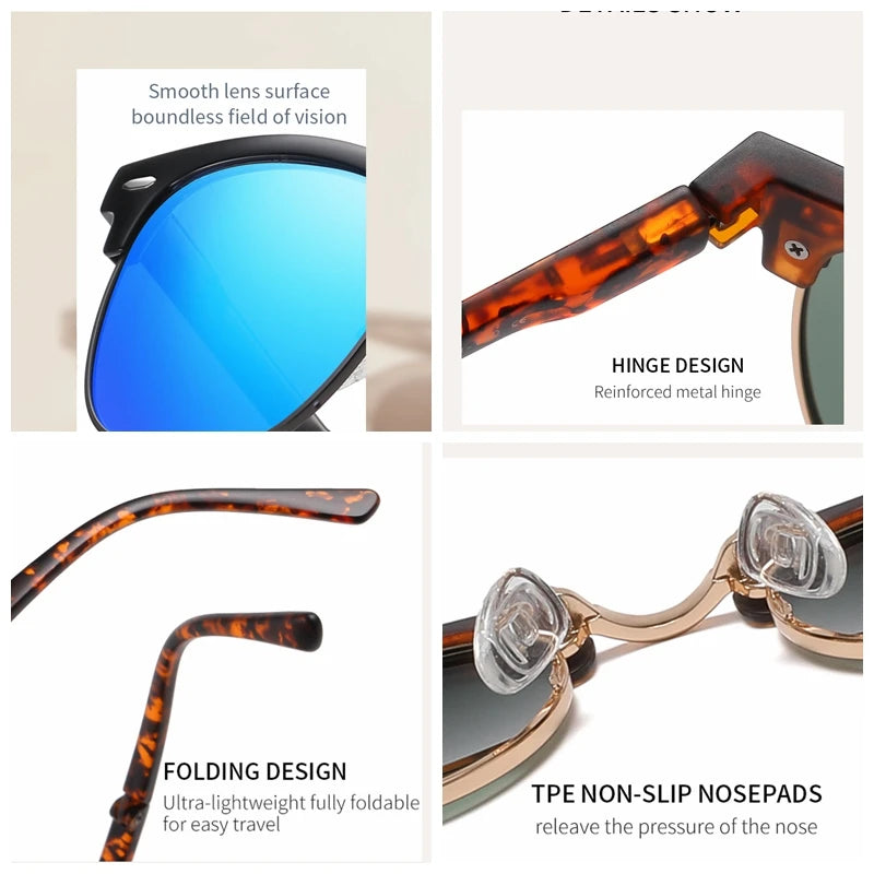 Foldable HD polarized sunglasses in various colors with compact folding design, polarized lenses, UV400 protection, and anti-glare coating