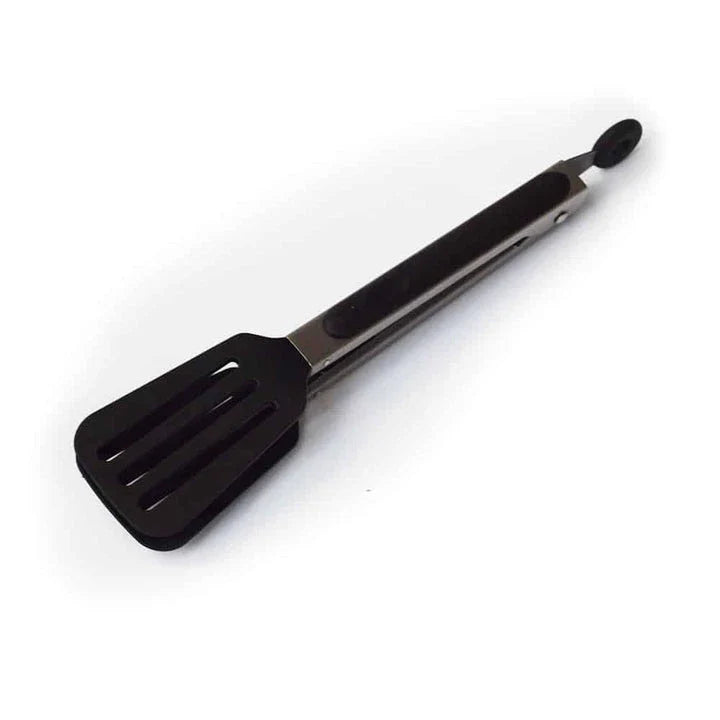 Black stainless steel BBQ tongs with a modern and sleek design, perfect for grilling and outdoor cooking.