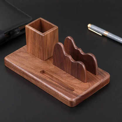 Elegant solid wood desk organizer with multiple compartments for pens, notes, and other office essentials