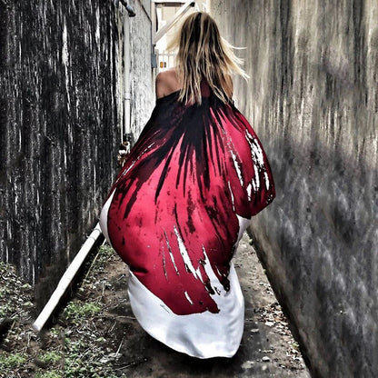 Stylish inclined shoulder printed dress set with a flowing, large swing-style skirt and vibrant patterns