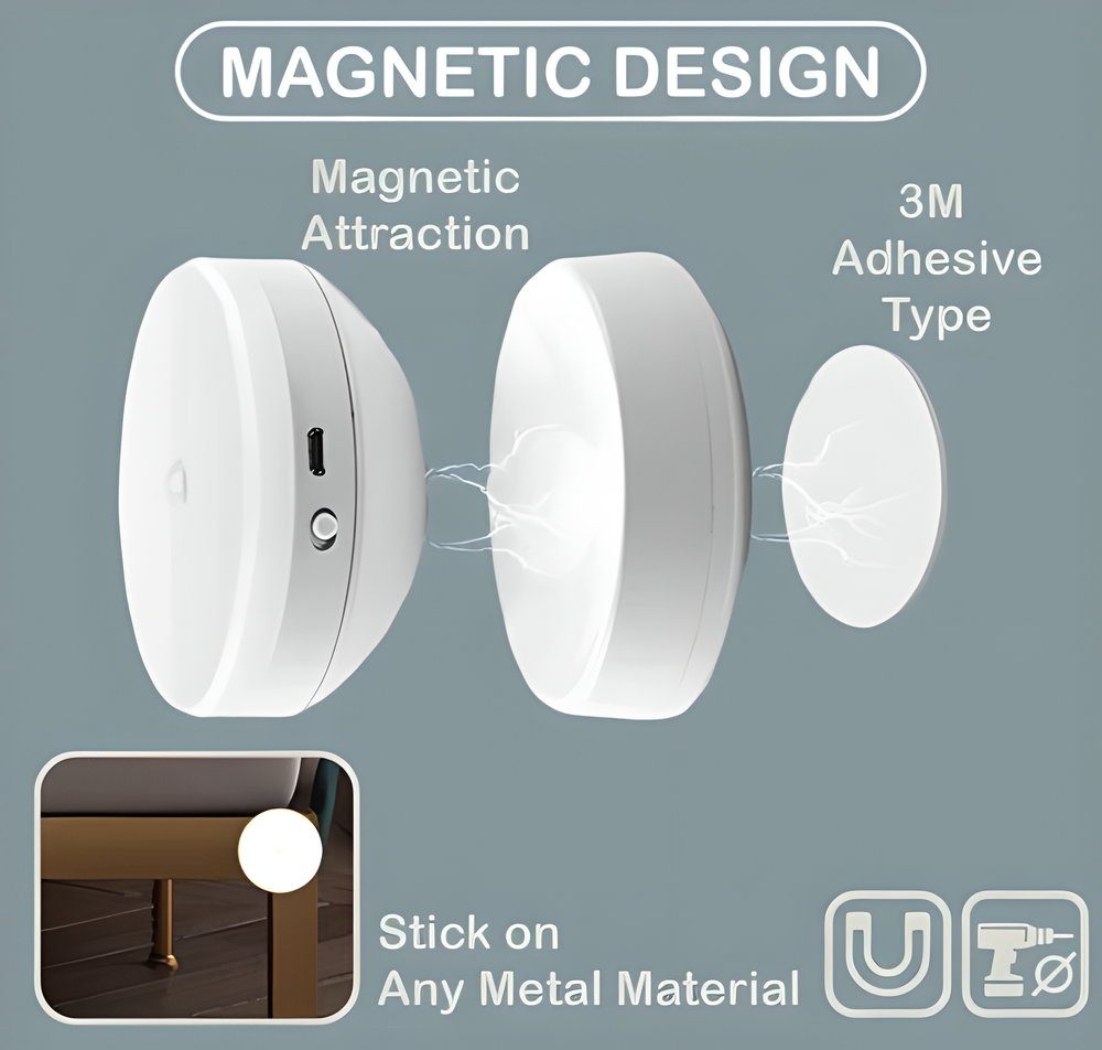 A 360° smart motion sensor magnetic LED light in cold white color with a metallic base