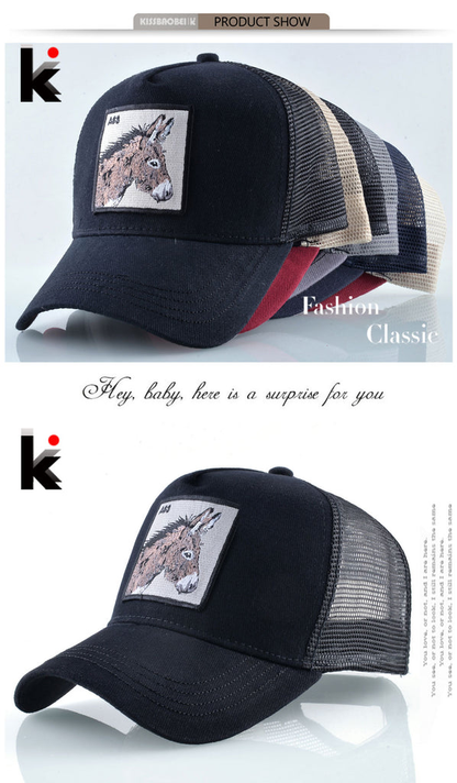 Stylish animal-inspired mesh trucker caps in a variety of designs, including donkeys, roosters, horses, owls, and more