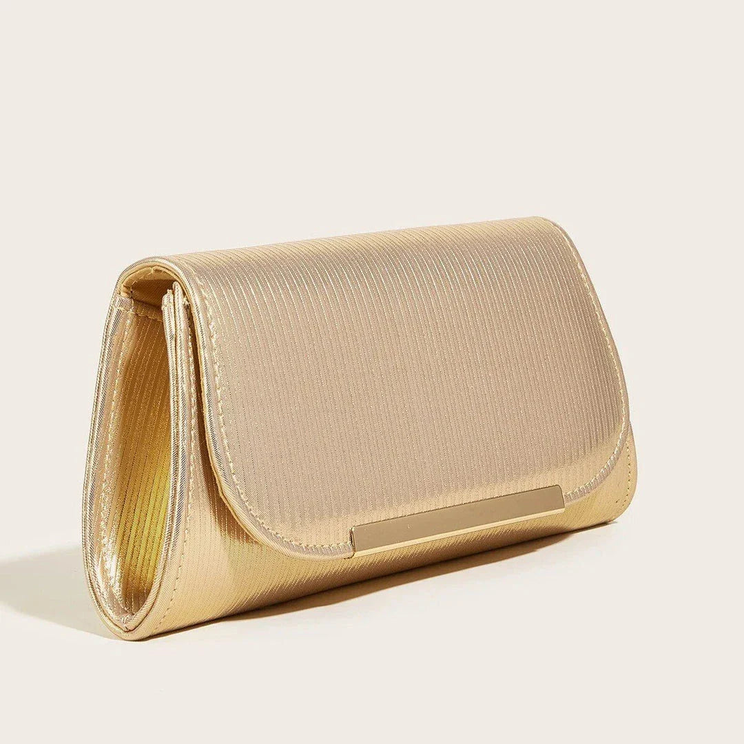 Elegant gold-colored striped PU leather clutch with detachable chain, perfect for Kiwi events and occasions