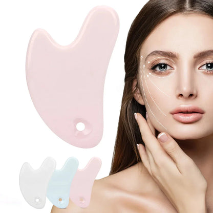 Ceramic Gua Sha Face Massager in various colors - Pink, Blue, and White - for skin rejuvenation and relaxation