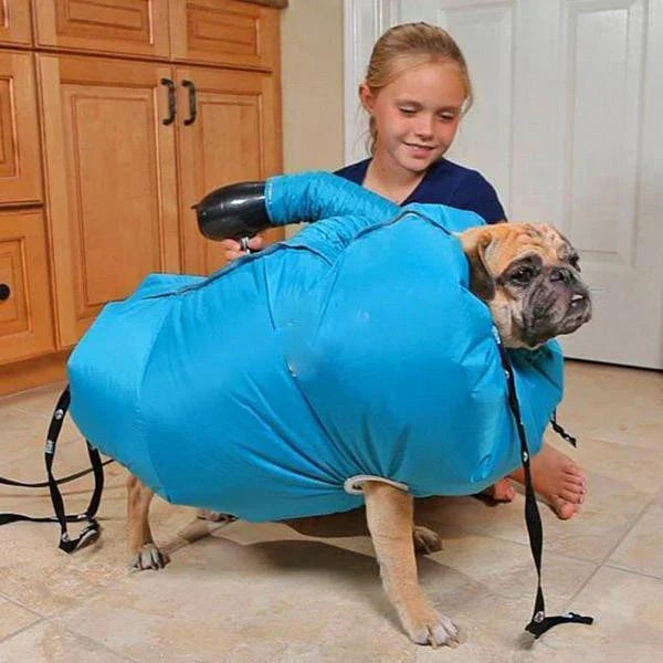 A dog drying bag made of Oxford cloth that uses a hair dryer to quickly and effectively dry a wet dog.