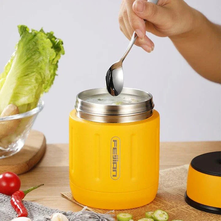 500ml vacuum insulated stainless steel food jar with foldable spoon and wide mouth, perfect for meals on the go